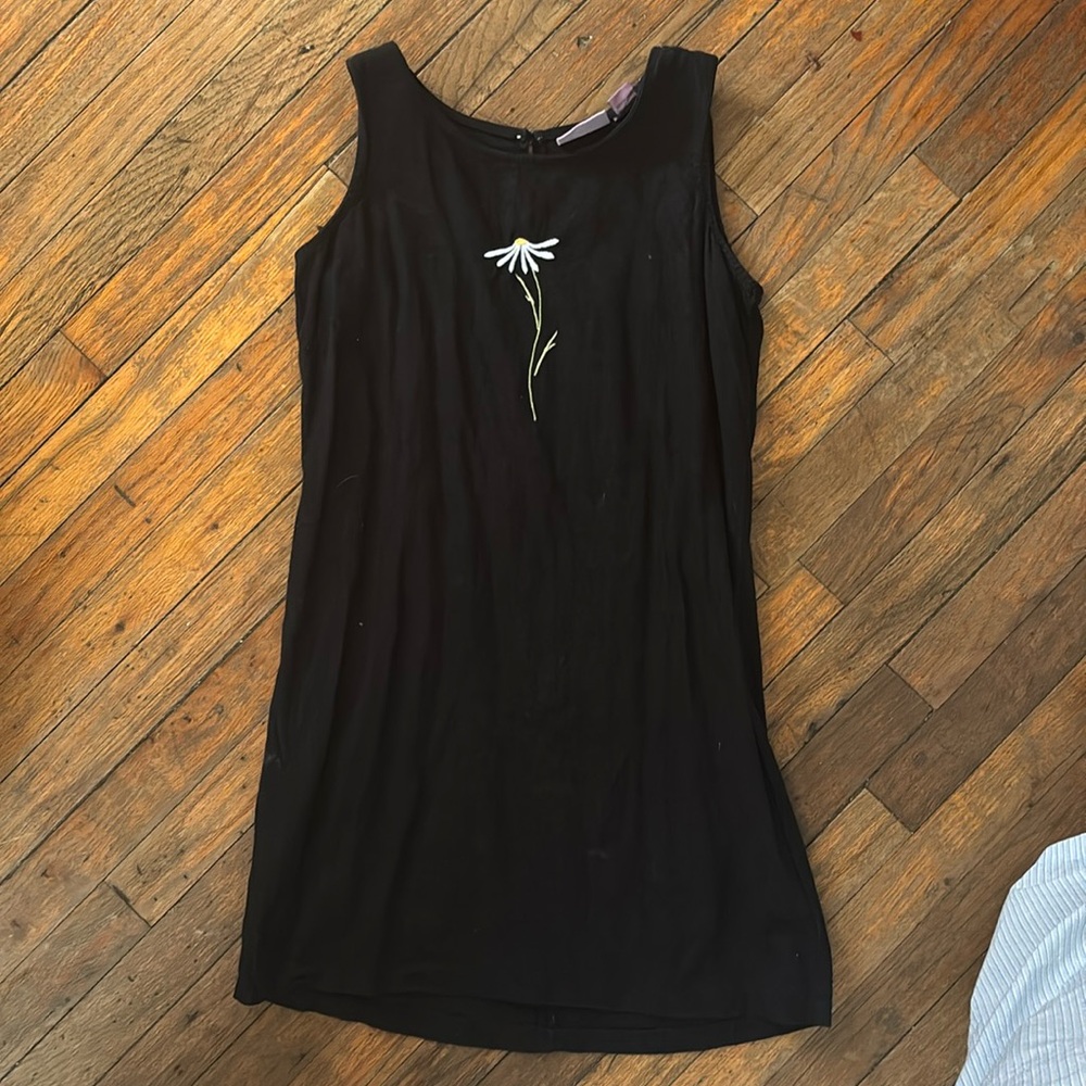 Vintage Embroidered Linen Blend Dress Daisy Black- Size Medium 10-12